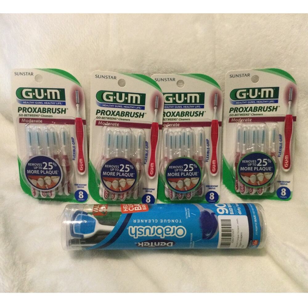 GUM Proxabrush Moderate Size lot of 4 and Tongue Scrapers NIB